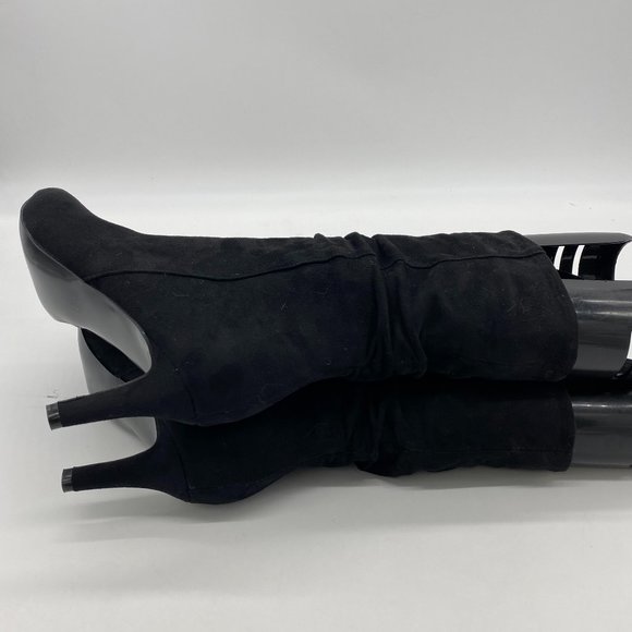 A Black Suede Women Fashion Pull On Slouch Boots Mid Calf Pointed Toe Mid Heel - Picture 5 of 7